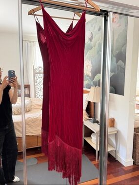 Vintage Betsey Johnson New York Red Velvet Fringe Slip Dress
